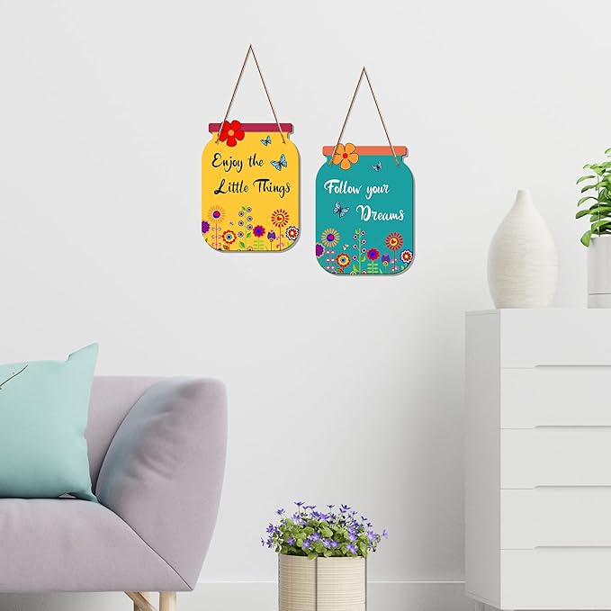 Artvibes Follow Your Dreams Quote Decorative Wall Art Mdf Wooden Wall Hanger for Living Room | Canvas Painting | Set of 2