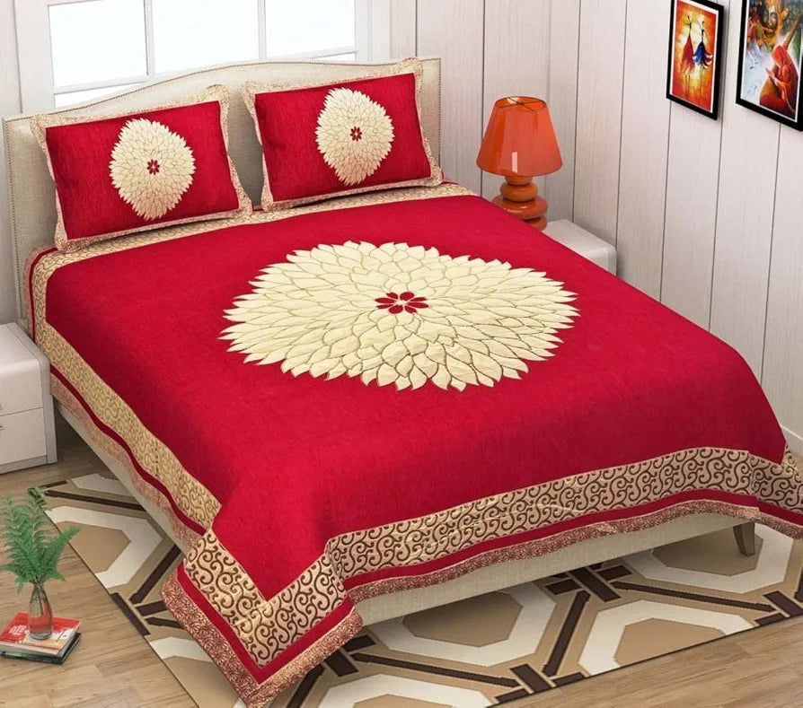 Fresh From Loom Chenille Velvet Floral 500 TC Heavy Bedsheet for Double Bed King Red Color with 2 Pillow Covers Dahila Red
