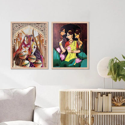 Kotart Traditional Woman Painting with Frame for Home Decoration Madhubani Art Painting Pack of 2 Design04
