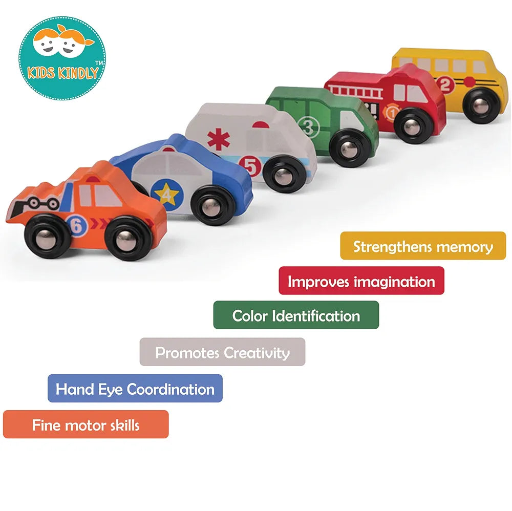KIDS KINDLY Mini Vehicle Wooden Toys - Age 3 & Set of 6 Ambulance Wooden Small Toys for Kids, Cars Set Classic Rescue & Construction Vehicles Driving Cars for Boys Girls Educational Plays