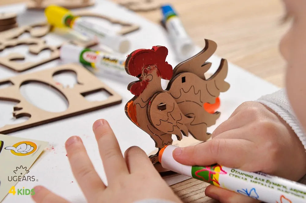 Ugears Cockerel - 3D Wooden Animal Jigsaw Puzzle Games - Kids Coloring kit - STEAM Learning Brain Games Toys & Animal Puzzles for Kids - Building Toys & Building Sets for Kids - DIY Kits for Kids