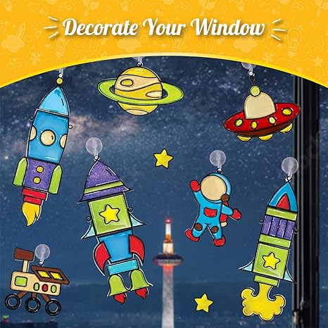 Imagimake Window Art Rocket 16 Pieces Glass Painting Set Astronaut Rover Space Designs