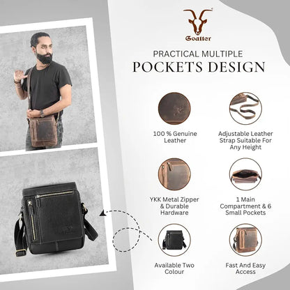 Goatter Genuine Leather Multi Pocket 10" Inch Messenger Sling Bag For Men