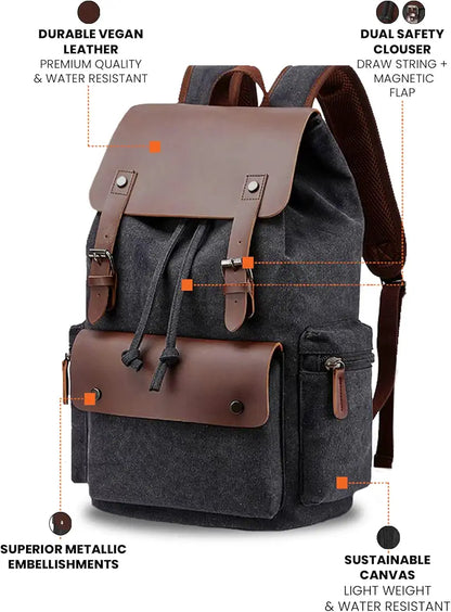 FUR JADEN Eco Friendly Travel Laptop Backpack Made of Water Resistant Sustainable Canvas and Vegan Leather for Men and Women for Travel Hiking Work