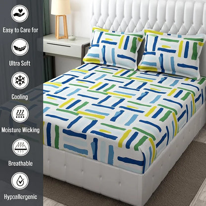 Fresh From Loom Microfiber Rotary Printed Bed Sheet Set King Size Hypoallergenic Wrinkle Free with 2 Pillow Covers 144 TC Multi Line