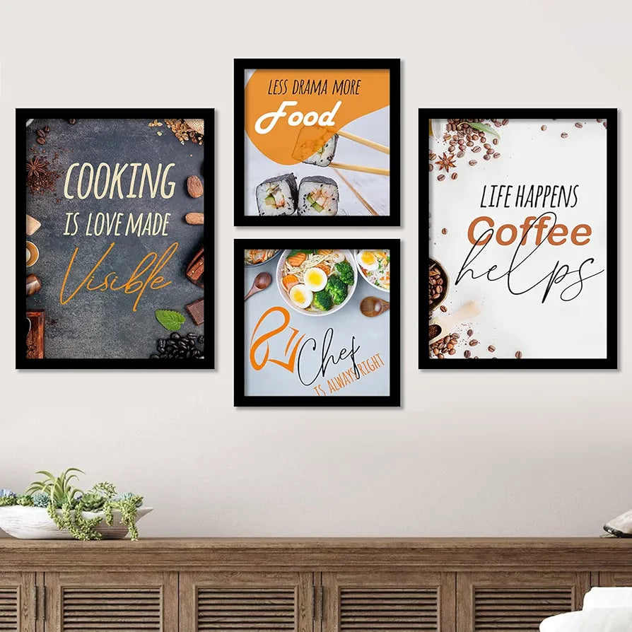 Kotart Kitchen Cooking is Love Funny Quotes Framed Wall Paintings / Posters with Frame Set of 4 multicolor