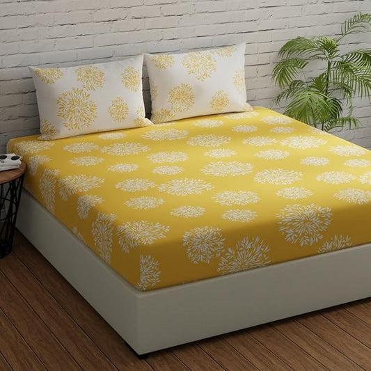 Huesland by Ahmedabad Cotton 144 TC Bedsheet for King Size Bed with 2 Pillow Covers | Yellow & White