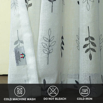 Homadorn Linen Sheer Printed Semi Transparent Curtains for Window Set of 2 Black Foliate