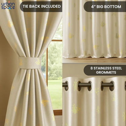 Urban Space Blackout Curtains for Living Room, Gold Foil Printed Luxurious Blackout Decorative Door Curtain Eyelet with Tieback, 1 Piece Crackle Beige