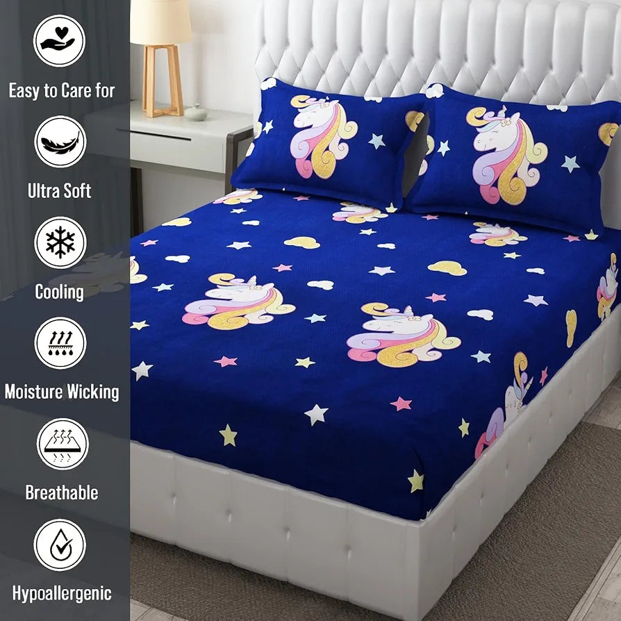 Fresh From Loom Bed Sheet Cartoon Printed Double Bedsheets King Size for Kids with 2 Pillow Cover 144 TC Dinosaur Blue