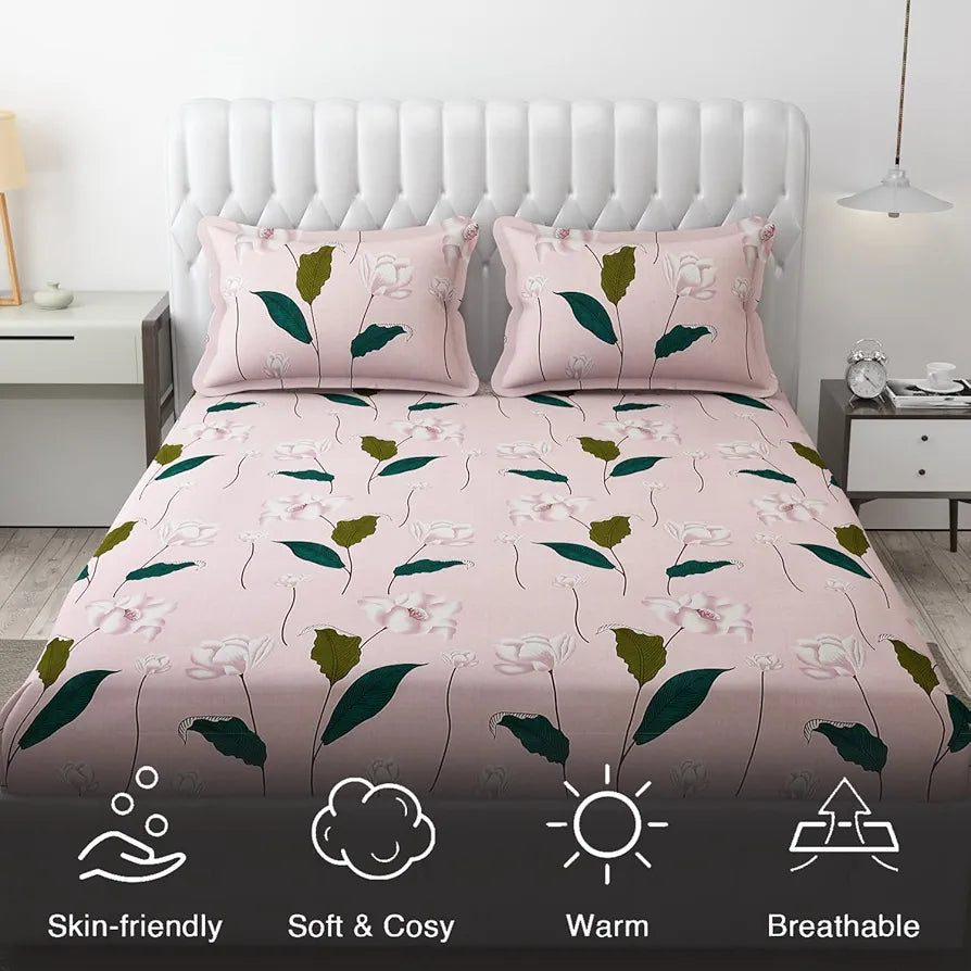 Fresh From Loom Floral King Size Bedsheet Microfiber Rotary Printed Hypoallergenic Wrinkle Free With 2 Pillow Covers Multicolor 144 TC Flamingo