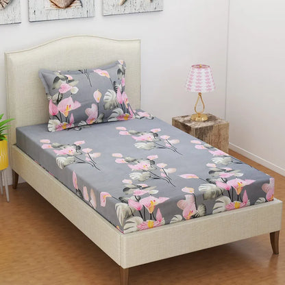 BSB HOME Premium Forever Modern Style Microfiber Floral Pattern 1 Single Size Bed bedsheet and 1 Pillow Cover Light Grey & White