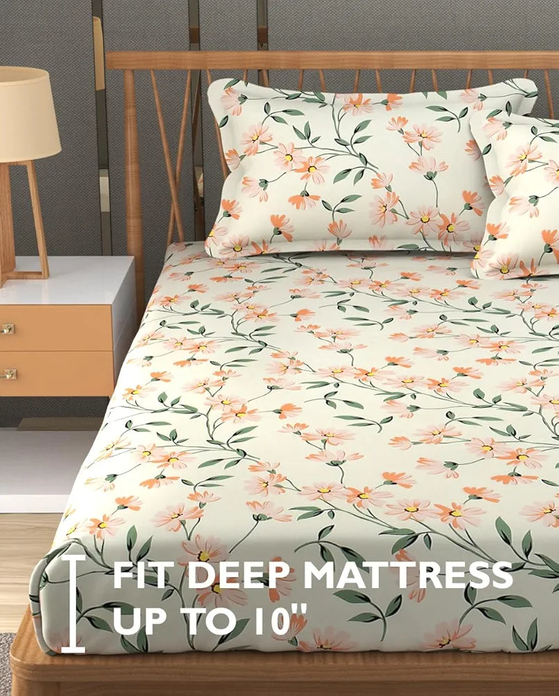 Fresh From Loom King Size Microfiber Floral Print Bedsheet 240 TC Includes 2 Pillow Covers Barely-Peach