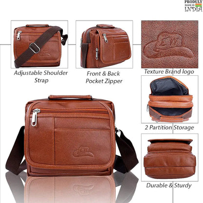Leather World Sling Bag for Men PU Leather Messenger Cross Body Travel Office One Side Chest Shoulder Bag for Men & Women. - Tan