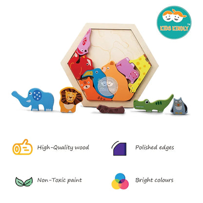 KIDS KINDLY Wooden Wild Animal Puzzle for Kids, Jigsaw Sorting Game, Montezsori Puzzle Toy for Toddlers, Shapes Puzzles for Kids, Birthday Gift for Boys & Girls Age 3 4 5 Years