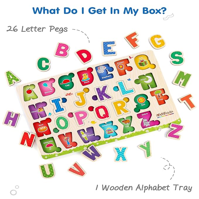 Firstcry Intelliskills Premium 26 Pieces Hide N Seek Alphabet Wooden Tray Board Puzzle | Educational and Learning Toy for Kids