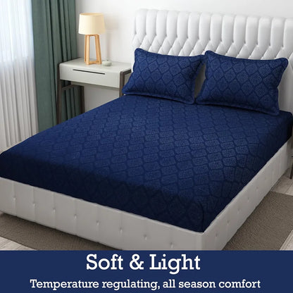 Fresh From Loom Printed Double Bedsheet King Size Microfiber Wrinkle Free With 2 Pillow Covers 144 TC Navy-Blue Damas