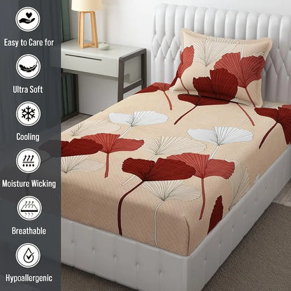 Fresh From Loom Floral Single Size Bedsheet Microfiber Rotary Printed Hypoallergenic with 1 Pillow Covers Multicolor 144 TC Almond