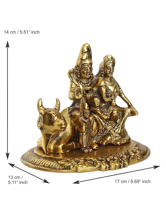 Ecraftindia Golden Metal Handcrafted Lord Shiva, Parvati, Kartik, and Ganesha Idol Sitting on Nandi Animal Figurine Decorative Showpiece