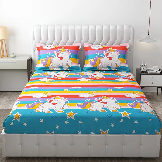 Fresh From Loom Bed Sheet Cartoon Printed Double Bedsheets King Size for Kids with 2 Pillow Cover Unicorn Multicolor