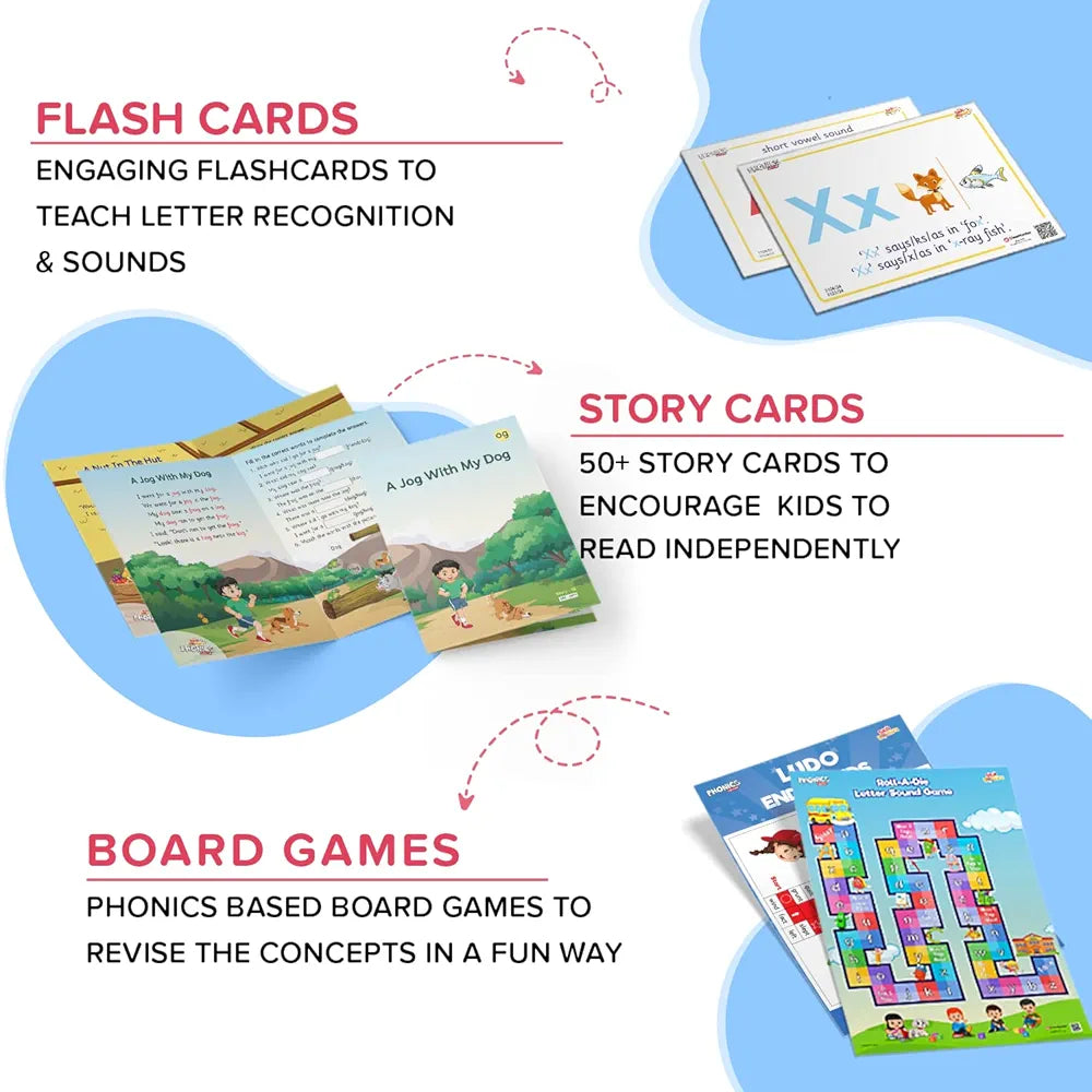 ClassMonitor Phonics Learning Kit with Free Mobile App | 26 Alphabet Flashcards with 100+ Sight Words Flashcards | 24+ Long & Shot Vowel Worksheets | for Kids, Children's Boys Girls Age 3 Years