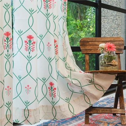 Urban Space Cotton Semi Sheer Curtains for Door Set of 2 with Eyelets and Tieback (Clour Floral Ripples Pink & Green)