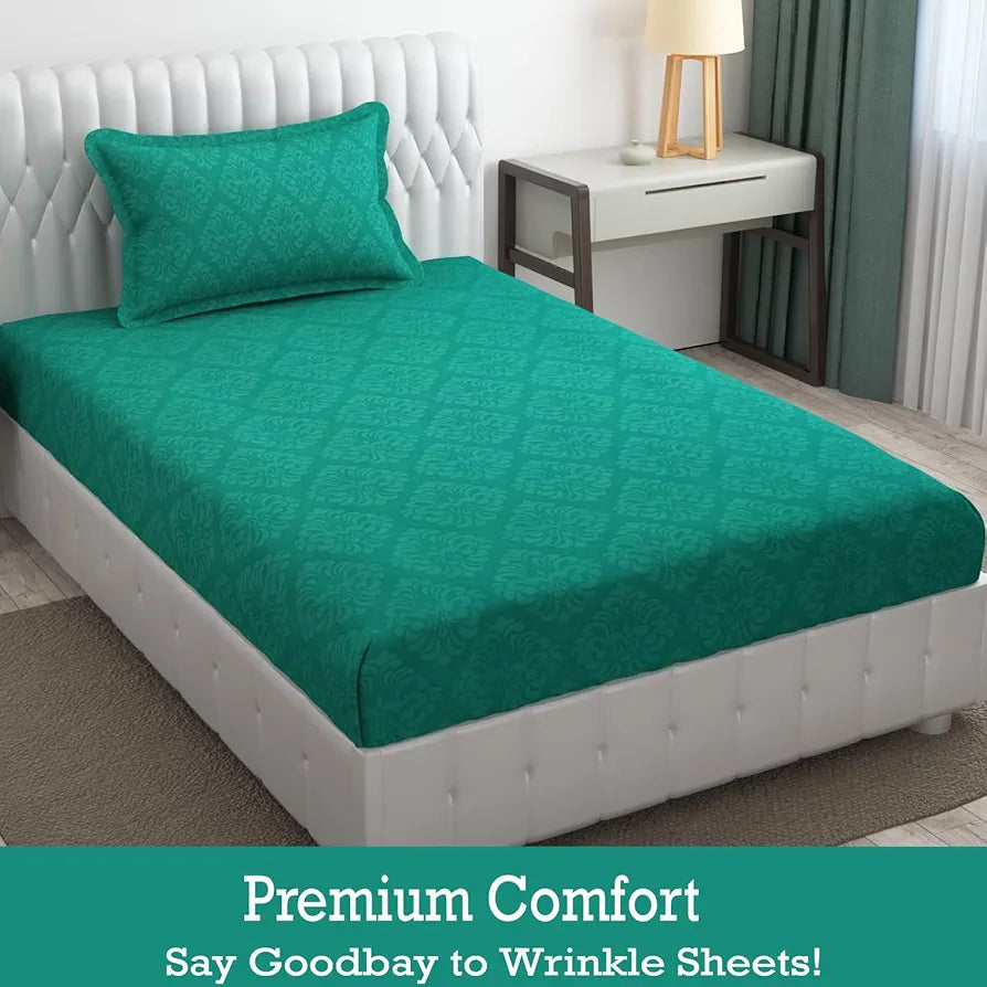 Fresh From Loom Single Bedsheet Microfiber Bed Sheet Set Printed with 1 Pillow Covers 144 TC Green Damas