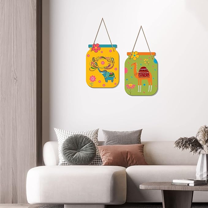 Artvibes Rajasthani Art Decorative Wall Art Mdf Wooden Wall Hanger for Living Room | Set of 2