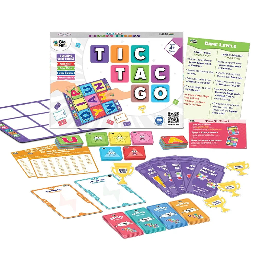 GiniMini Tic-Tac-Go! Strategy Game for Kids 4 5 6 | 50+ Tiles, Power-Up Cards, Mystery Tiles & Challenges | Fun Family Game Night, Brain Activity