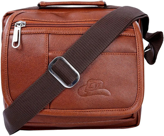 Leather World Sling Bag for Men PU Leather Messenger Cross Body Travel Office One Side Chest Shoulder Bag for Men & Women. - Tan