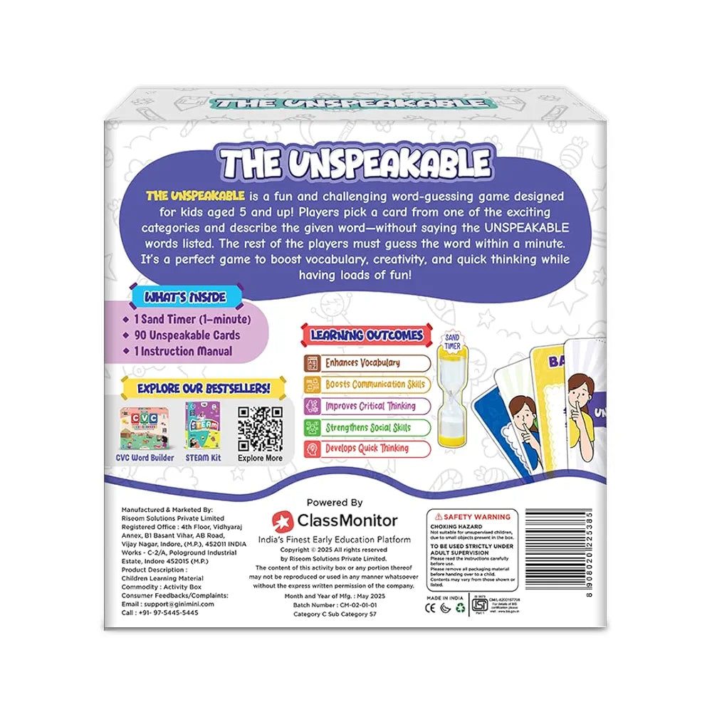 GiniMini The Unspeakable Word Guessing Game for Kids Aged 5 Plus Fast-Paced Educational and Party Game 90 Cards One Minute Sand Timer and Manual Improves Vocabulary Communication and Thinking Skills