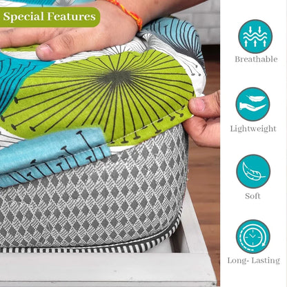Divine Casa 144 TC 100% Cotton Floral Green Breathable Bedsheet King Size Bed Cotton Elastic Fitted Colour Baltic Sea