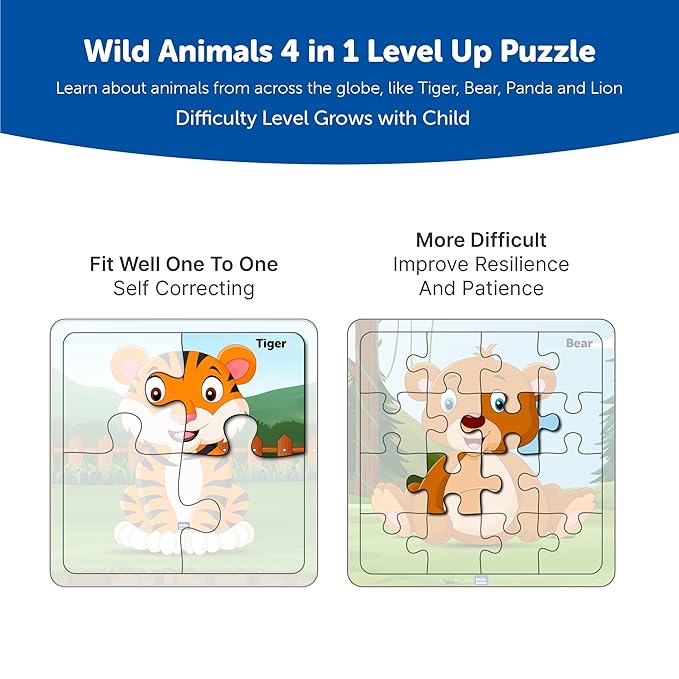 Mini Leaves Wild Animal 4-in-a-box Wooden Puzzles With 4, 6, 9, and 12 Pieces | Difficulty Level Grows With Kids