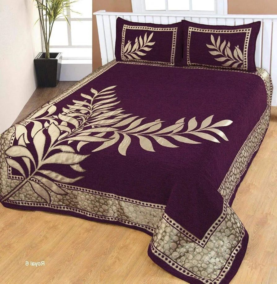 Fresh From Loom Chenille Velvet Floral 500 TC Heavy Bedsheet for Double Bed King Purple Color with 2 Pillow Covers Leaf Purple