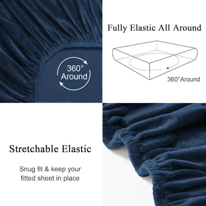 Cloth Fusion 200 TC Warm Winter Elastic Fitted Bedsheet for Double Bed King Size with 2 Pillow Covers Navy