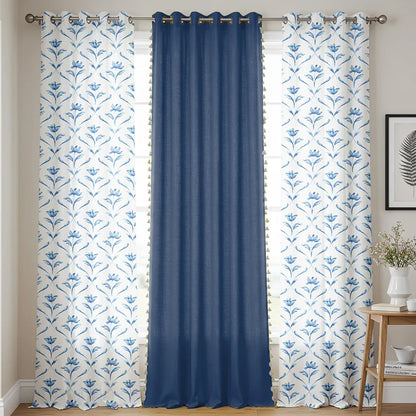 Urban Space Floral Cotton Curtains For Door Combo Set Of 3 Room Darkening Curtains For Home Decor Water Lily Blue & Aura Indigo