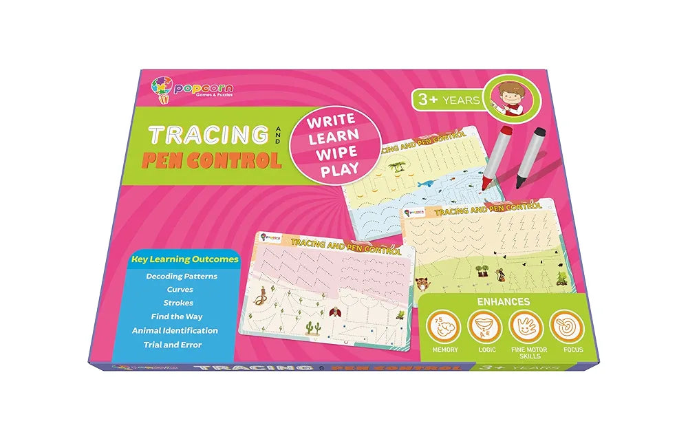 Popcorn Games & Puzzles Tracing and Pen Control | Reusable Activity Mats with 2 Marker Pens | Gifts & Creative Learning for Ages 3-6