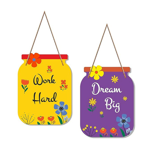 Artvibes Work Hard Quote Decorative Art Mdf Wooden Wall Hanger Ornaments for Living Room | Set of 2