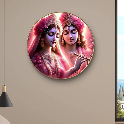 Livin'luxe Paintings Radha Krishna Divine Love Wall Painting with Frame - Sparkle Glossy Round Golden Framed Large GRM-210