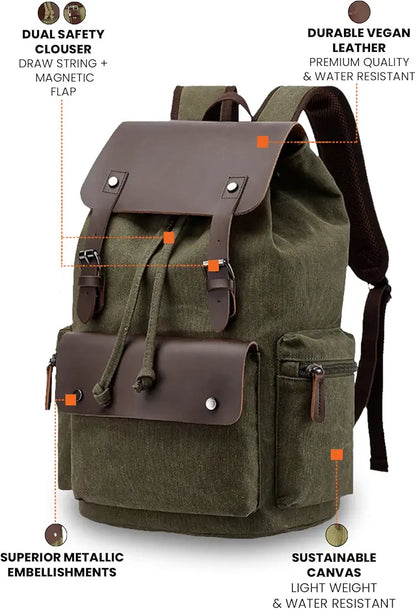 FUR JADEN Eco Friendly Travel Laptop Backpack Made of Water Resistant Sustainable Canvas and Vegan Leather for Men and Women for Travel Hiking Work