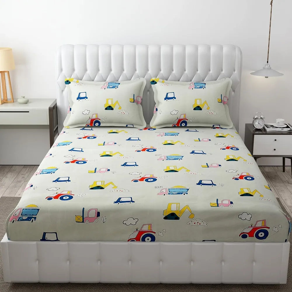 Fresh From Loom Elastic Fitted Bed Sheet with 2 Pillow Cover Cartoon Printed Cream Double Bed 300 TC Cream