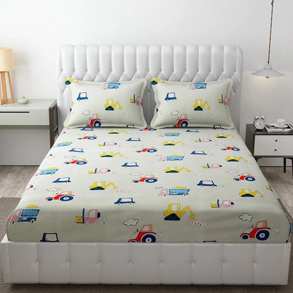 Fresh From Loom Elastic Fitted Bed Sheet with 2 Pillow Cover Cartoon Printed Cream Double Bed 300 TC Cream