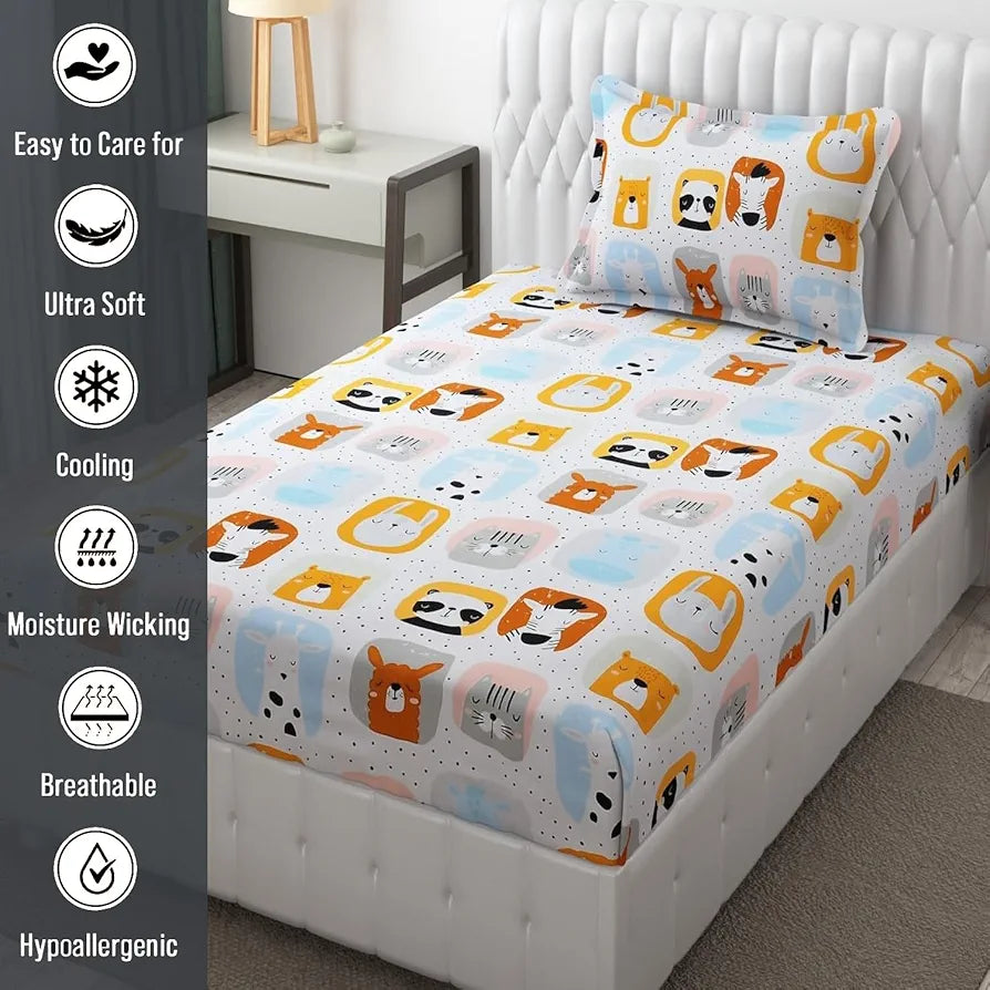Fresh From Loom Glace Cotton Cartoon Printed Single Bedsheet Kids Bedsheet For Boys & Girls Room With One Pillow Cover 144 tc Multi-Color 1