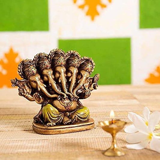 Indicast Resin 5" Inch Panchmukhi Lord Ganesha Hindu God Ganesh Ganpati Idol Figurine for Home Office House Warming Statue Murti
