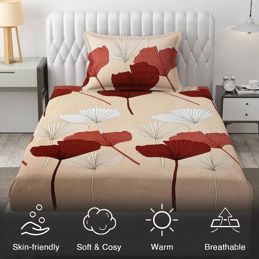 Fresh From Loom Floral Single Size Bedsheet Microfiber Rotary Printed Hypoallergenic with 1 Pillow Covers Multicolor 144 TC Almond