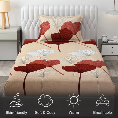 Fresh From Loom Floral Single Size Bedsheet Microfiber Rotary Printed Hypoallergenic with 1 Pillow Covers Multicolor 144 TC Almond