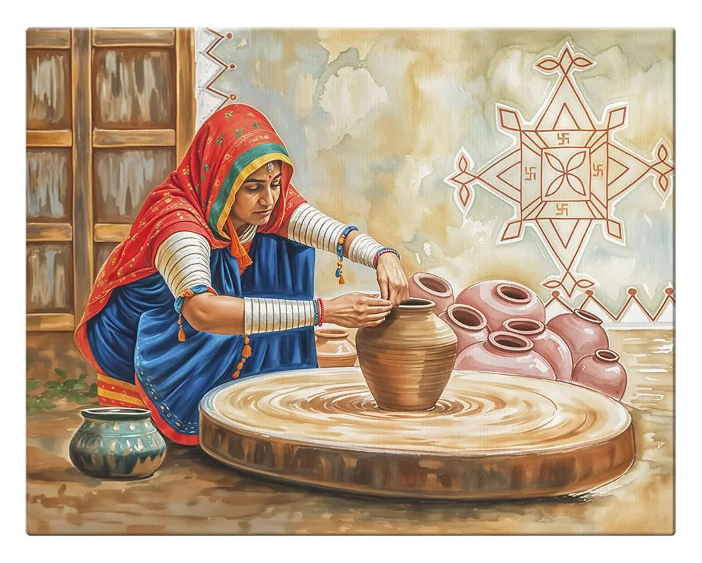 ArtX Paper Woman Making Pots AXDMD-0102-VIL Indian Village Scene Nature Wall Art Painting