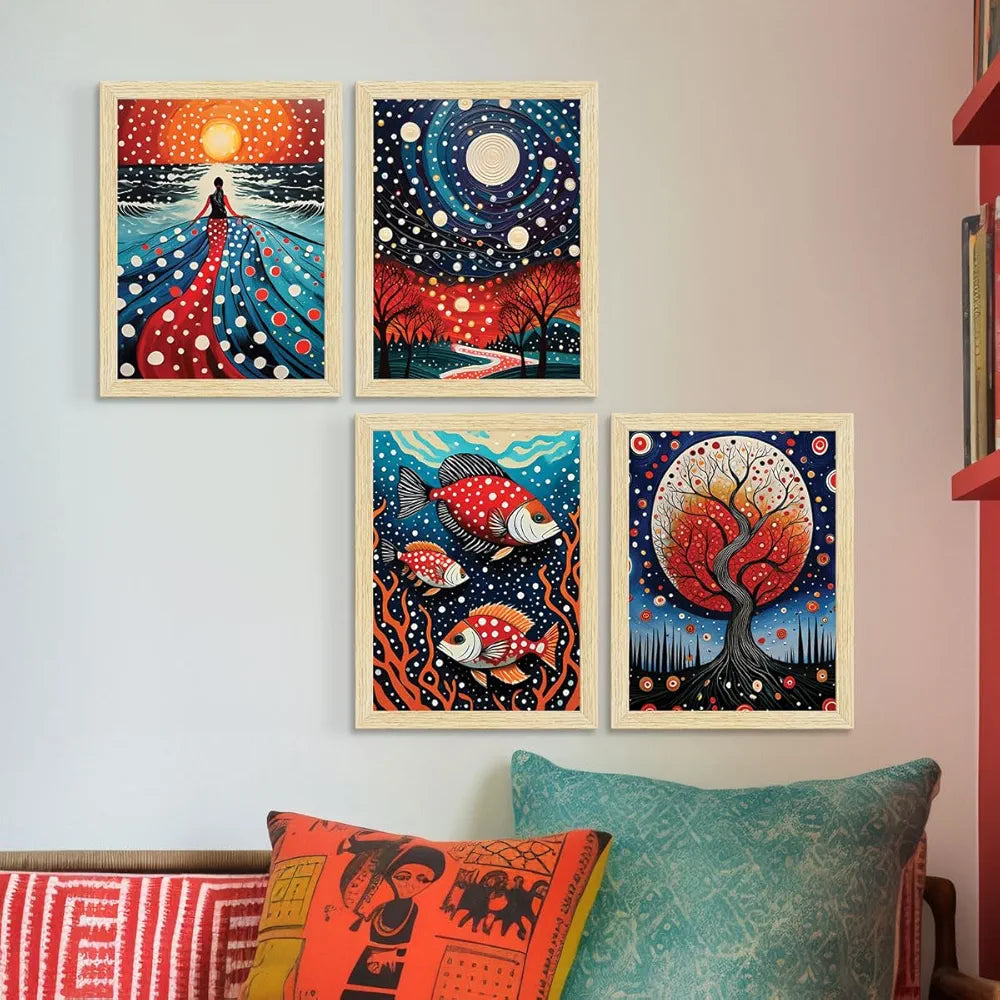 ArtX Paper Women Polka Dots Art Paintings with Frame Set of 4