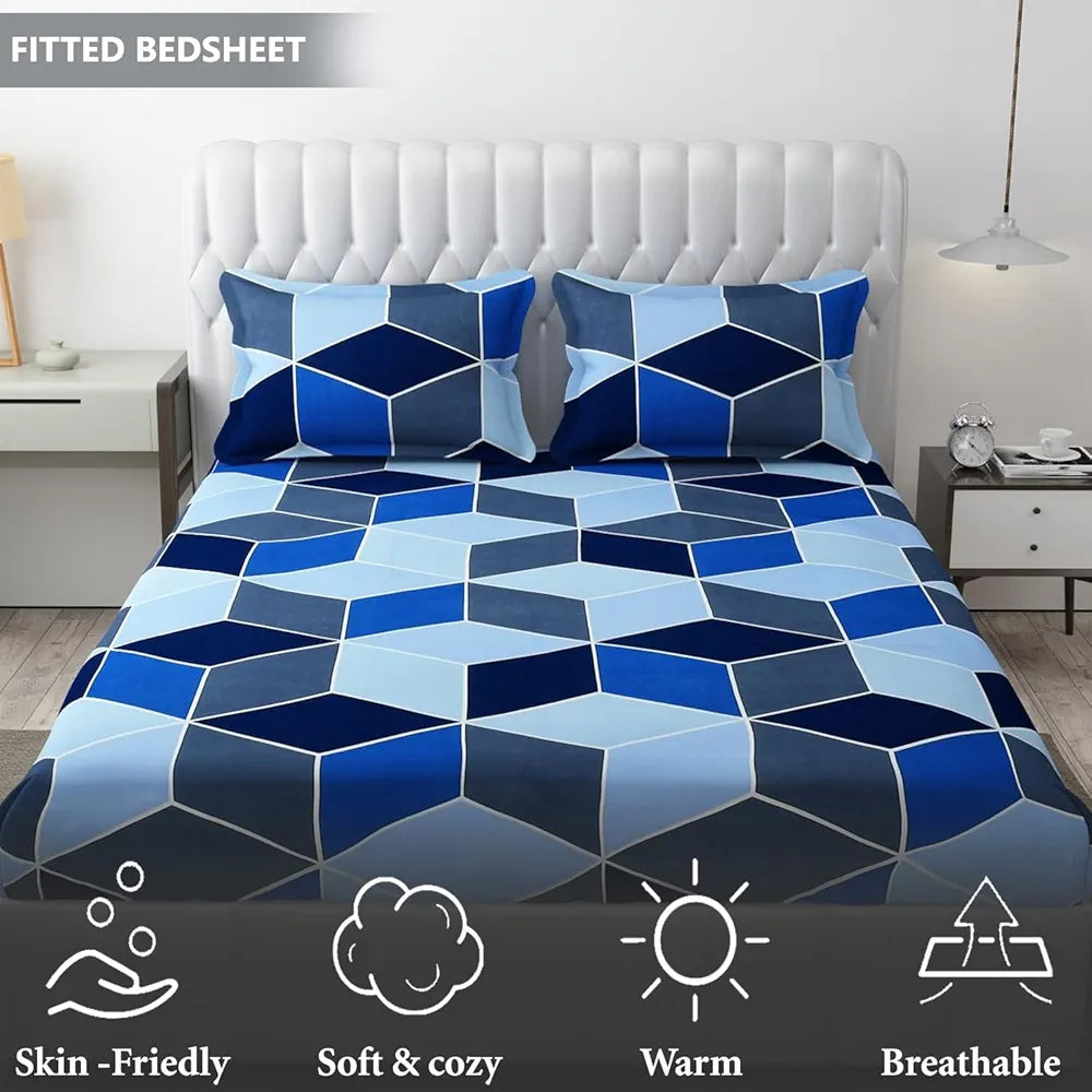 Fresh From Loom Soft Glace Cotton Fitted Bedsheet King Size Bed with Two Pillow Cover Elastic Geometric Bluish Multicolor 144 TC