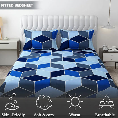 Fresh From Loom Soft Glace Cotton Fitted Bedsheet King Size Bed with Two Pillow Cover Elastic Geometric Bluish Multicolor 144 TC